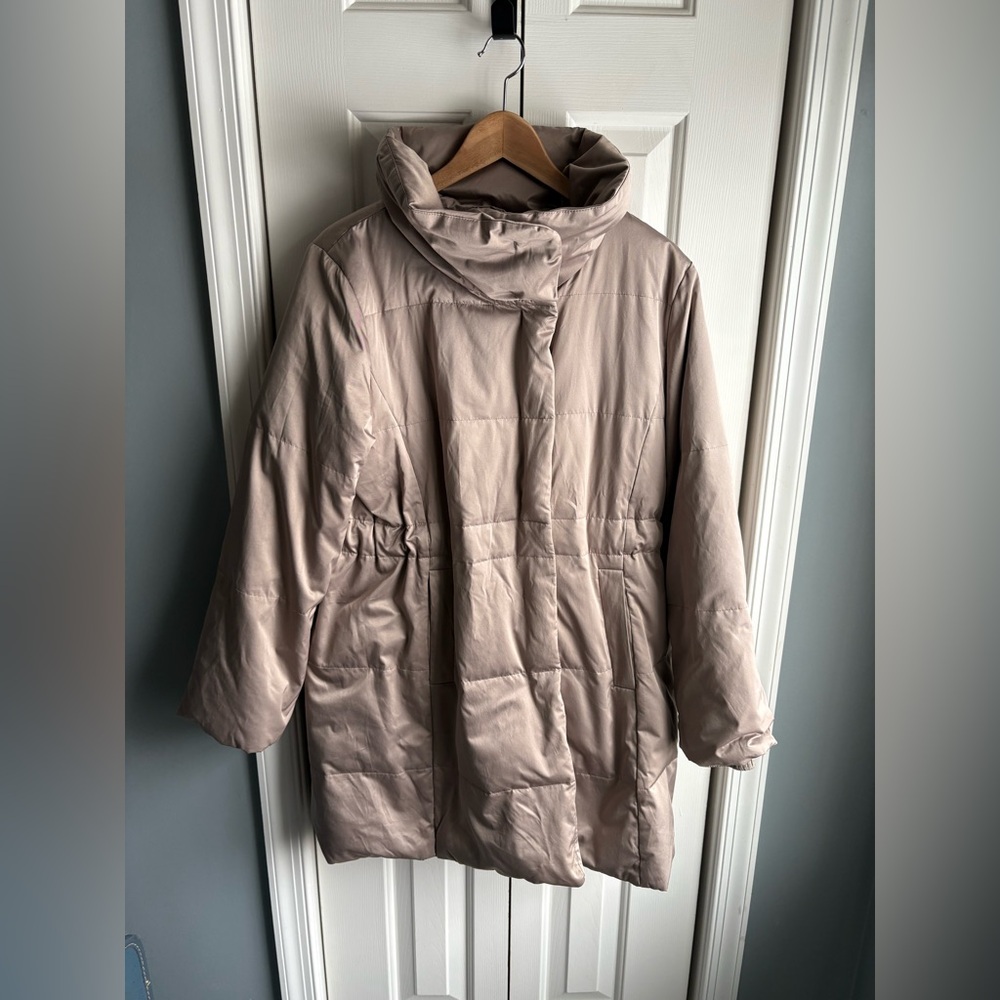 J. JILL Womens Shiny Tan Quilted Snap Closure Puffer Coat Size Small